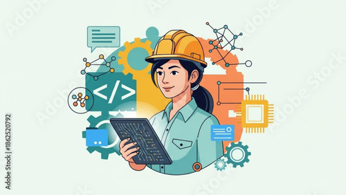 Female engineer or developer in hard hat holding tablet with coding symbols and gears around