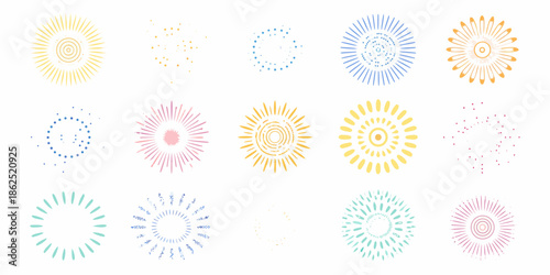 Colorful starburst patterns and radiant shapes on a clean white background