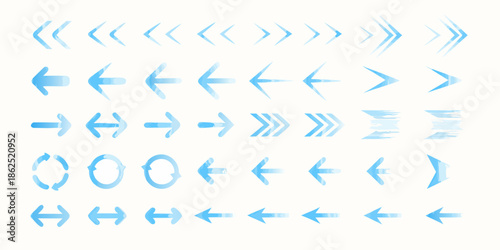 Assortment of blue arrow shapes and designs in a grid layout