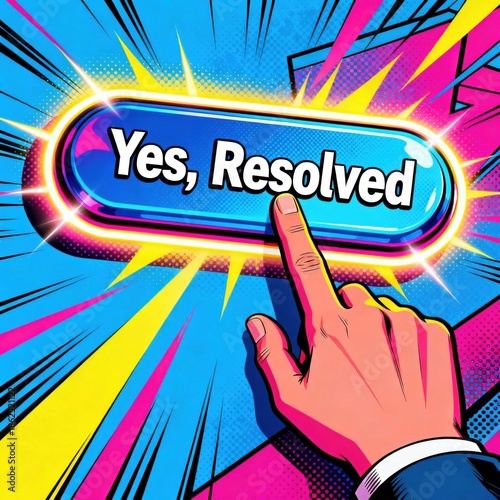 Hand pressing a gleaming 'Yes, Resolved' button on a dynamic comic background illustration