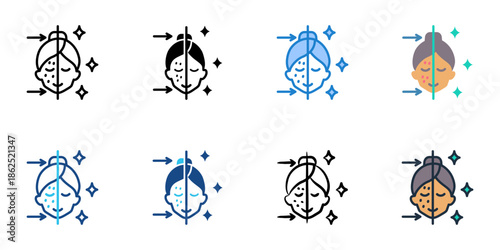 Acne treatment icons set multiple style collection. Editable stroke 
