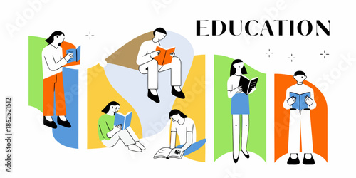 Students immersed in reading and learning a colorful illustration of education