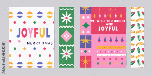 Colorful christmas card designs with festive patterns and joyful holiday greetings