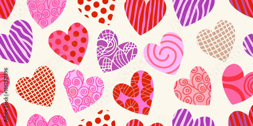 A vibrant pattern of colorful hearts fills the entire frame