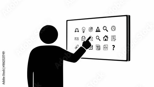 Silhouette of a person interacting with a touch screen interface.