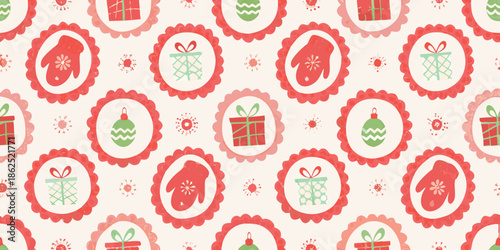 Festive christmas pattern with gifts mittens and ornaments on white background