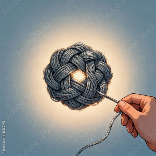Intricate interwoven rope sphere illuminated by light source, held by a hand illustration