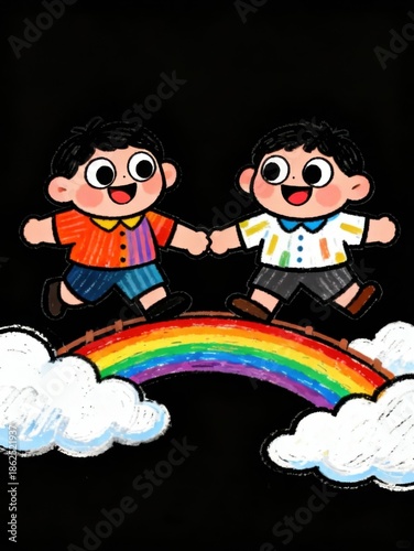 Joyful cartoon kids running and playing over a colorful rainbow on black background