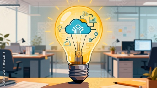 Light bulb with cloud tech diagram in office