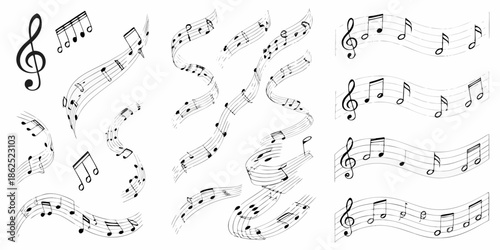 An arrangement of musical notes and staves in a flowing artistic composition