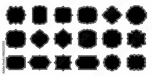 Collection of ornate black frames and decorative elements arranged in rows