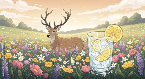 Deer in a Field with Lemonade and Flowers.