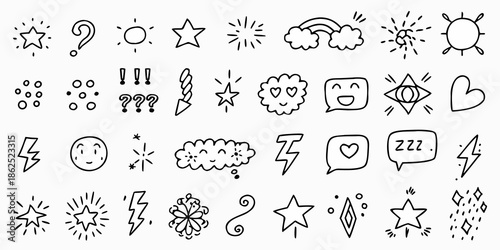 Collection of hand drawn whimsical doodles weather emotions and abstract symbols