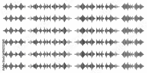 A grayscale pattern of repeating sound wave visualizations on a white background