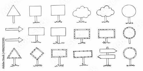 Simple black and white illustrations of various signs and geometric shapes