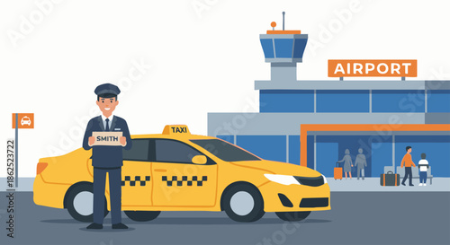 “Taxi driver standing beside a taxi at an airport pickup zone, holding a small sign, terminal building simplified in the background, flat vector illustration