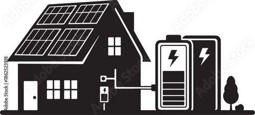 A black and white illustration of a house with solar panels and batteries