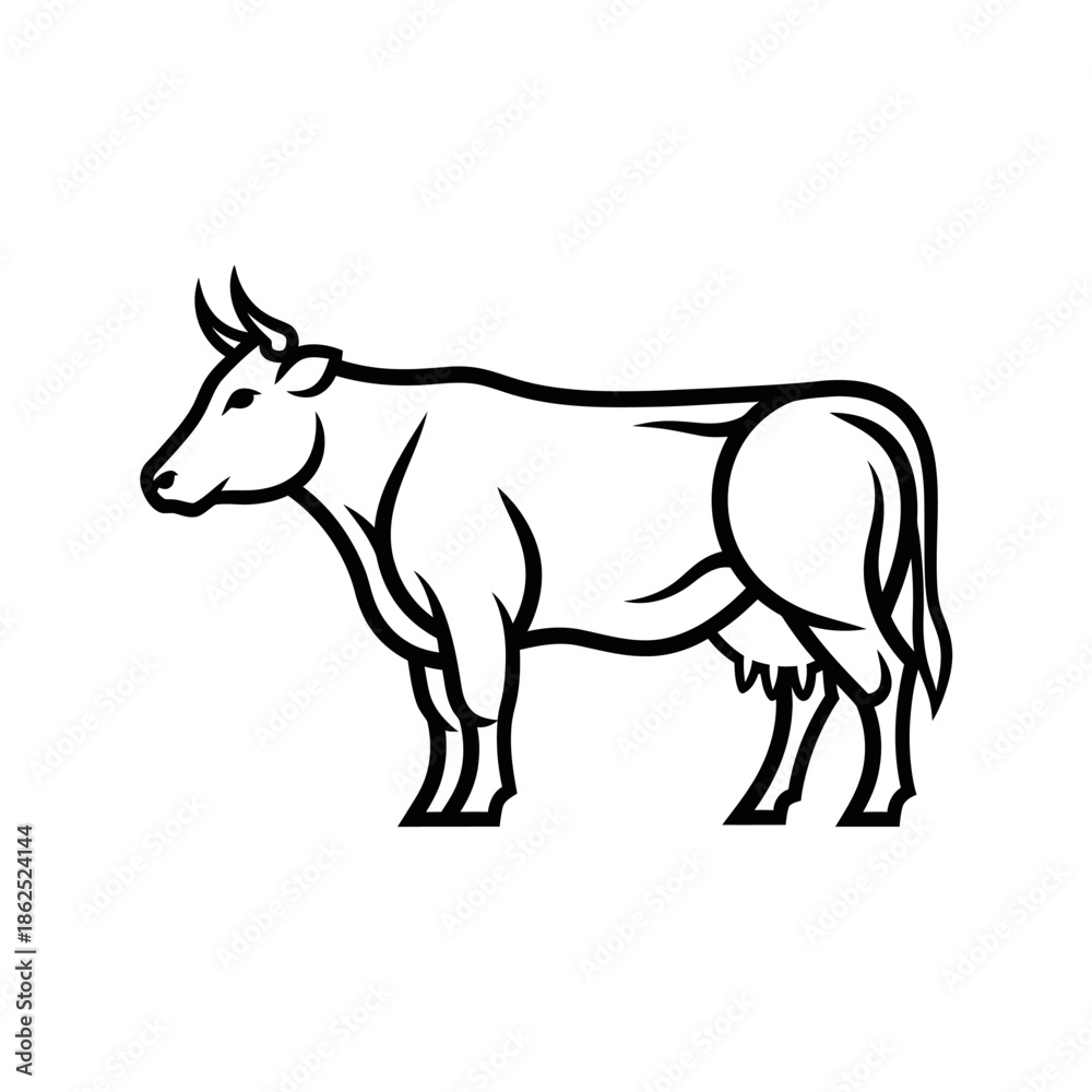 Fototapeta premium Black and White Cow Illustration Side View.