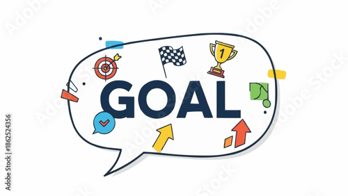 Goal Achievement Concept with Target, Flag, Trophy, and Upward Arrows.