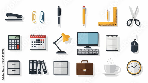 Office Supplies and Equipment Flat Lay Illustration.