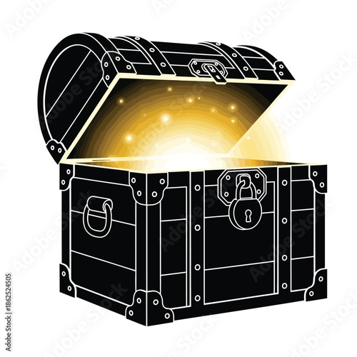 Open treasure chest glowing light silhouette vector