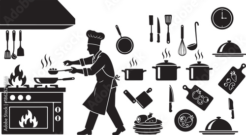 A chef cooking in a kitchen with various utensils and appliances