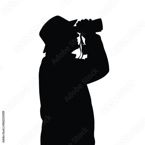 Person looking through binoculars silhouette vector