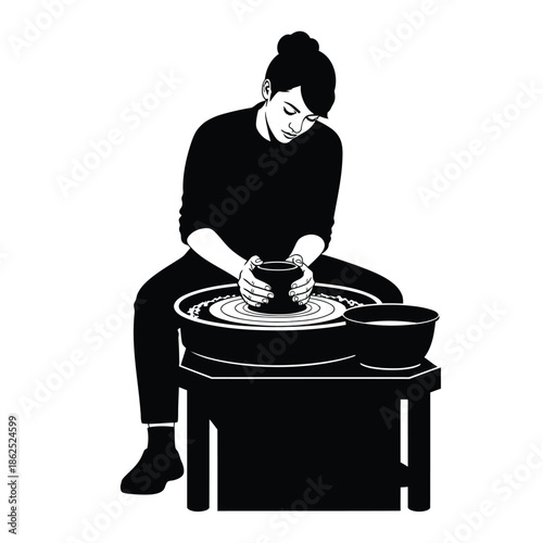 Potter silhouette working on pottery wheel