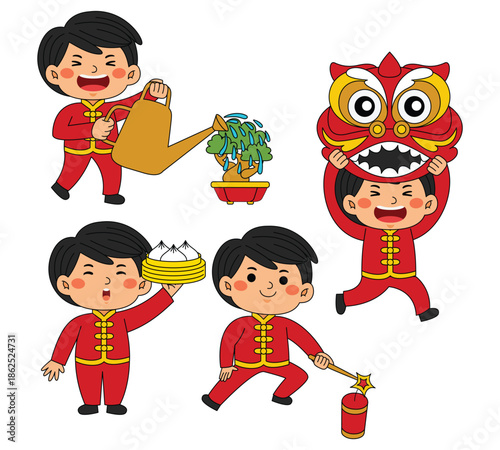 cute boy lunar new year vector illustration
