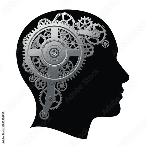 Human head silhouette with gears for brainstorming