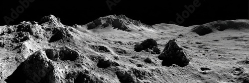 Lunar surface landscape, rocky terrain