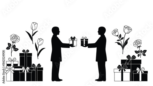 Two men exchanging gifts with roses and presents