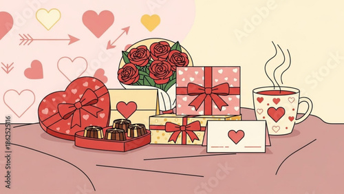 Romantic Valentine's Day illustration with hearts, roses, and gifts on a table