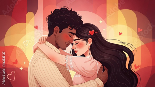 Couple embracing in a warm, romantic atmosphere with hearts surrounding them