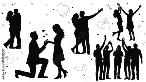 Man proposing to woman surrounded by celebrating couples