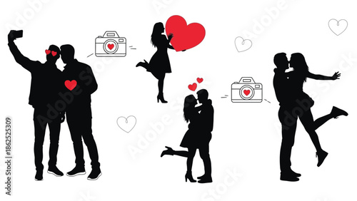 Romantic couples silhouette with heart elements
