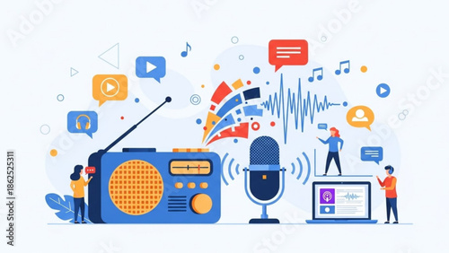 People broadcasting audio signals with a radio and microphone surrounded by various multimedia symbols