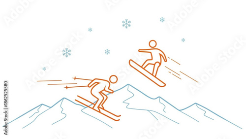 Two skiers and snowboarder skiing down snowy mountain peaks with snowflakes