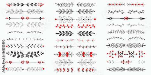 Collection of decorative floral branch and berry design elements in black and red