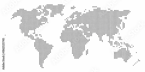 A dotted world map illustration showing continental outlines and oceanic spaces