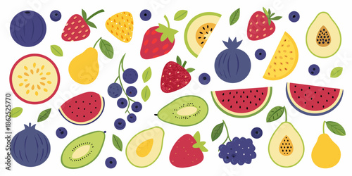 Colorful assortment of fresh fruits including berries melons and tropical varieties