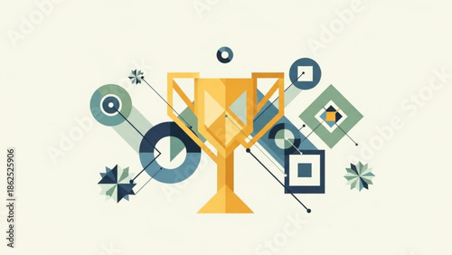 A vibrant yellow trophy cup surrounded by modern geometric shapes and symbols in shades