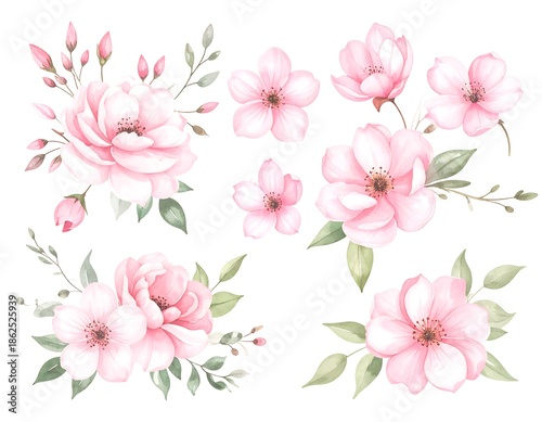 Watercolor illustration of delicate pink flowers with light green foliage on a white background in a floral arrangement