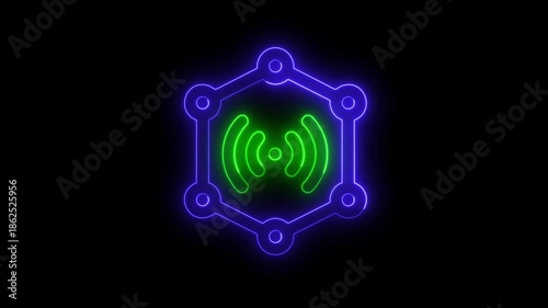 Neon hexagon structure with pulsing wireless signal icon animation