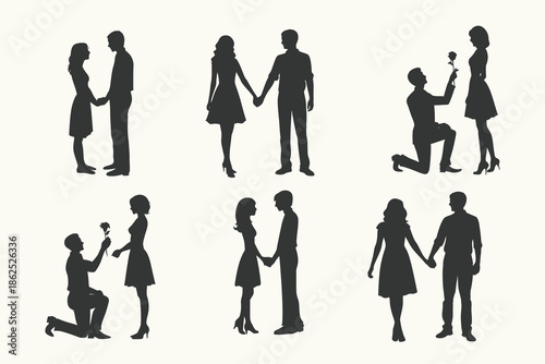 couple holding hands and walking Proposing silhouette set. Romantic Silhouette of a Man Proposing to a Woman, Proposal couple silhouette, A couple holding hands and walking. Eps 10
