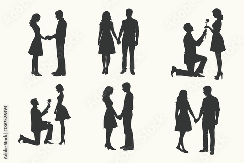 couple holding hands and walking Proposing silhouette set. Romantic Silhouette of a Man Proposing to a Woman, Proposal couple silhouette, A couple holding hands and walking. Eps 10