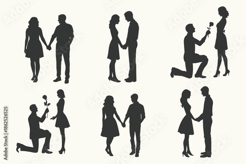 Romantic couple silhouette perfect for valentine day illustration. Romantic couple silhouette, Romantic Silhouetto of a Man Proposing to a Woman, Proposal couple silhouette, A couple holding hands and