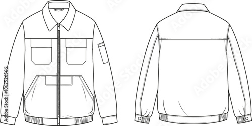 Men workwear jacket technical drawing, zipper utility coat vector, fashion flat sketch, long sleeve outerwear, apparel design template set.