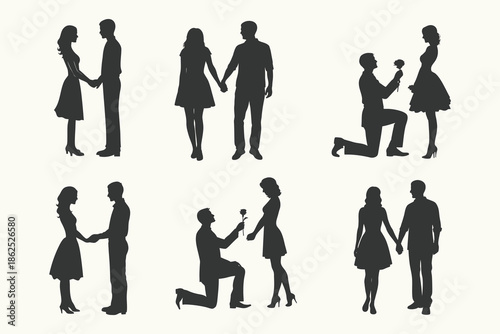 Romantic couple silhouette perfect for valentine day illustration. Romantic couple silhouette, Romantic Silhouetto of a Man Proposing to a Woman, Proposal couple silhouette, A couple holding hands and