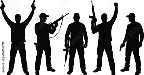Armed men silhouettes holding guns and rifles, militant group poses, security threat concept isolated on white background illustration design
